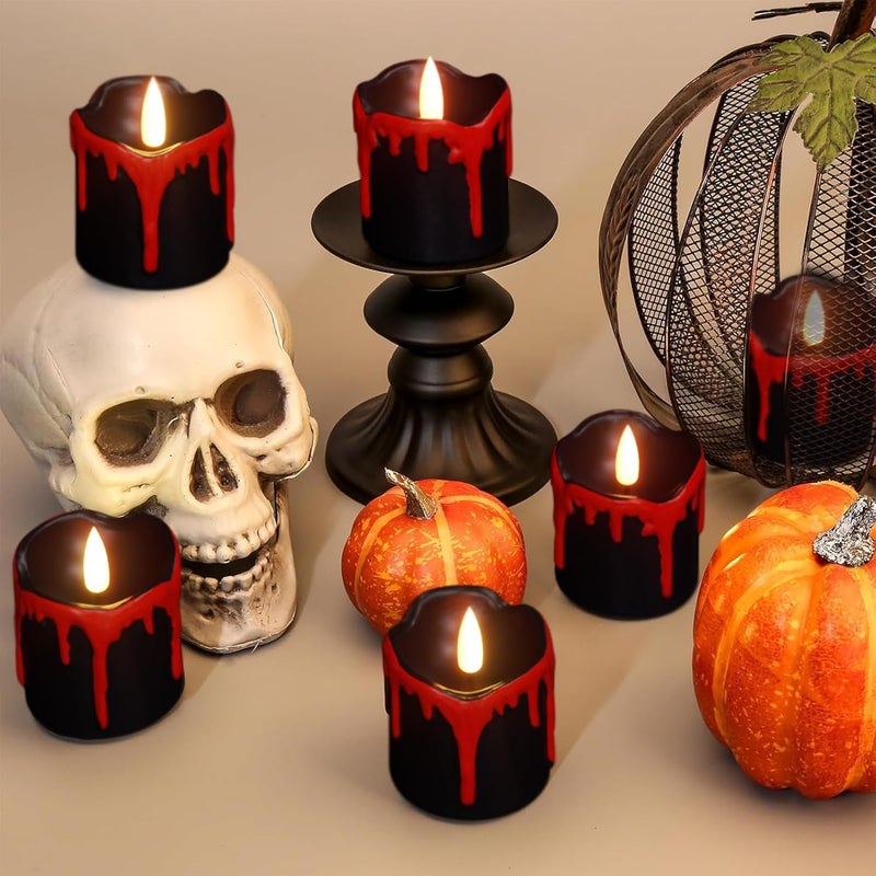 DRomance Black Flameless Votive Candles Battery Operated with Timer, 350 Hours Blood Dripping Small Real Wax Flickering LED Tea Light Candles Dinner Fall Halloween Decoration Lights(6 Pcs, 2" x 2.2") - Image 4